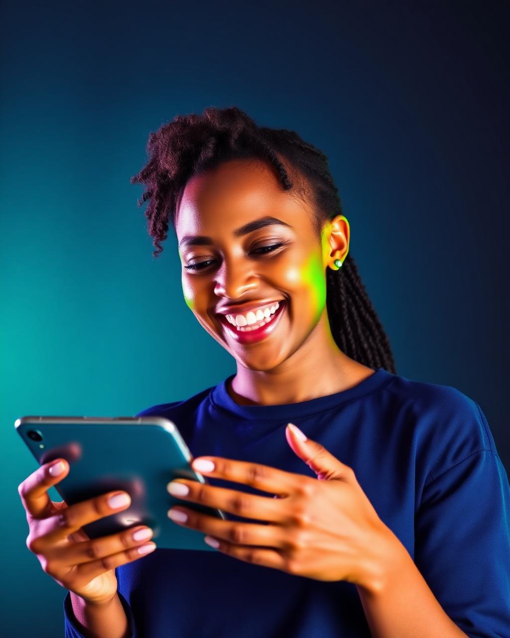 Smiling South African customer holding a phone with Tenda Data